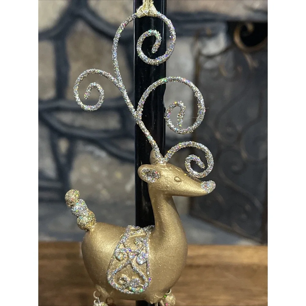 Pier 1 Reindeer Christmas ornament glittery gold style with beaded dangly legs